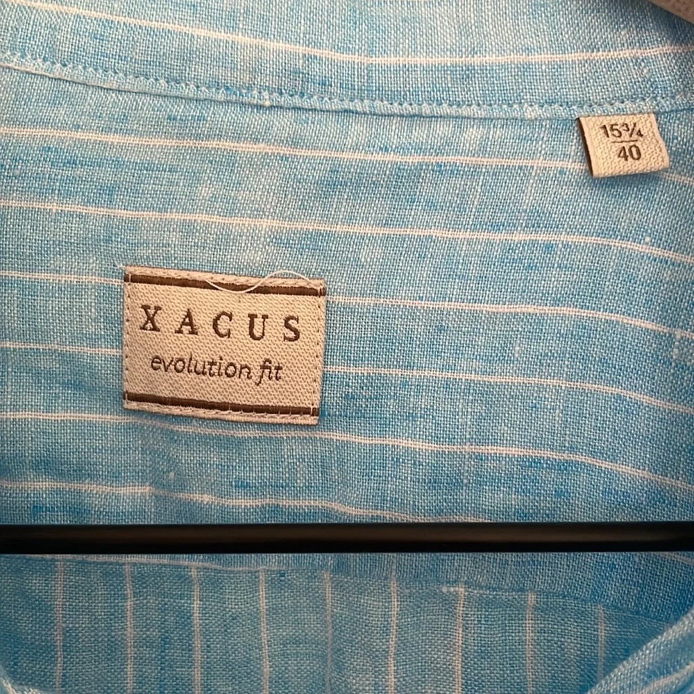 XACUS | 100% Linen Made in Italy Blue Stripe Button Down Resort Shirt 15 3/4 40 - Picture 9 of 9